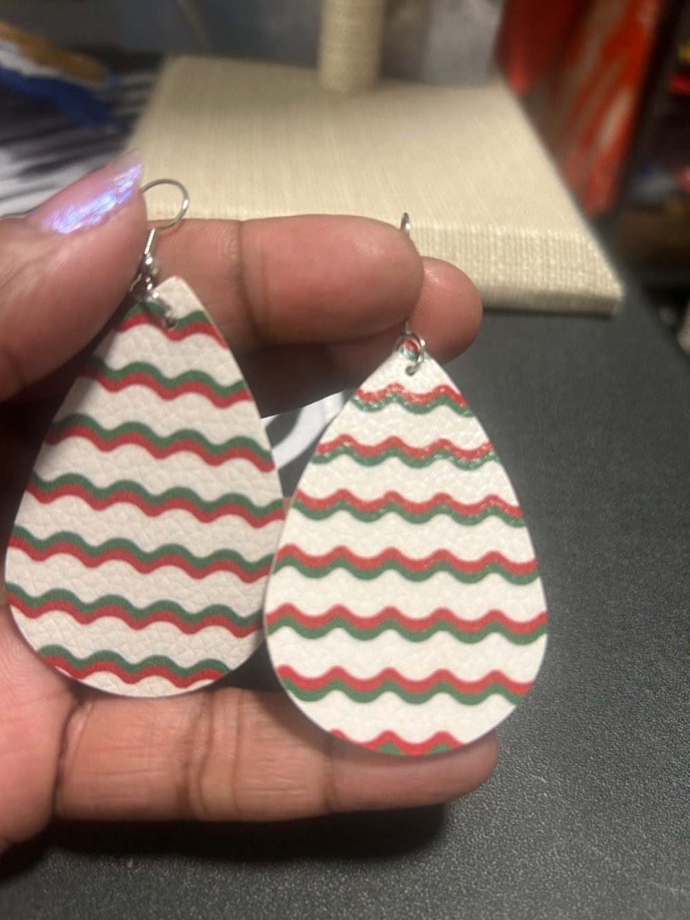Teardrop Dangle Earrings with Red and Green Wave Pattern